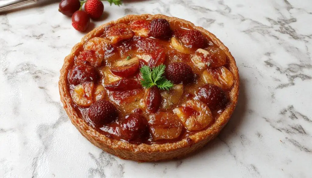 Tarte de amêndoa dourada com uma crosta crocante e um recheio húmido visível por cima, decorada com fatias de amêndoa tostadas, apresentada em prato branco com detalhes dourados.