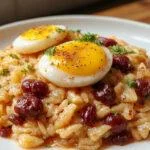 Prato colorido de arroz com ovos e legumes, apresentado em uma tigela branca, com pimentões vermelhos, verdes e cenouras cortadas finamente, decorado com ervas frescas e uma colher de metal ao lado. A textura dos legumes é crocante e o arroz está macio, formando uma composição vibrante e apetitosamente apetitosa.