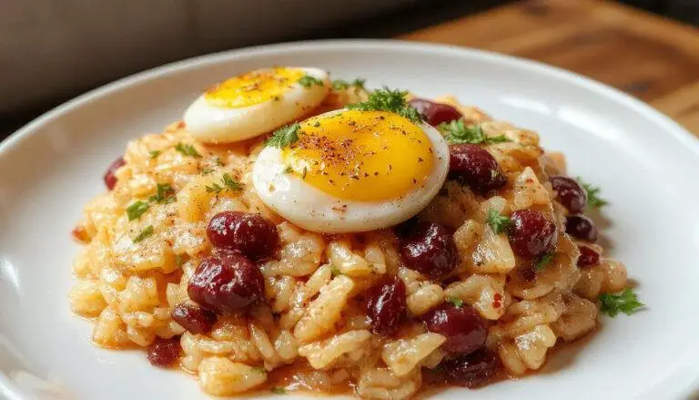 Prato colorido de arroz com ovos e legumes, apresentado em uma tigela branca, com pimentões vermelhos, verdes e cenouras cortadas finamente, decorado com ervas frescas e uma colher de metal ao lado. A textura dos legumes é crocante e o arroz está macio, formando uma composição vibrante e apetitosamente apetitosa.