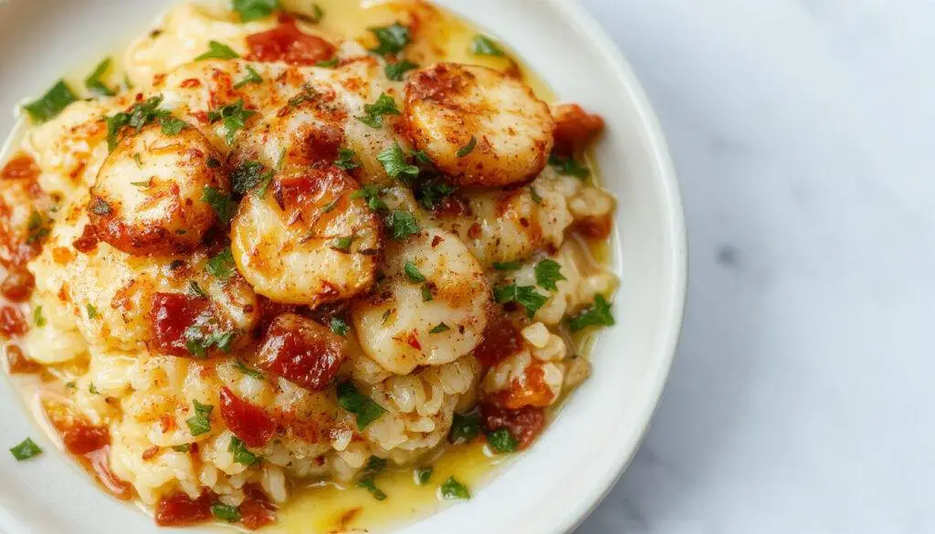 Prato de arroz de bacalhau com Delícias do Mar servido em uma travessa branca, com peixes delicados, arroz amarelo dourado, decorado com ervas frescas.