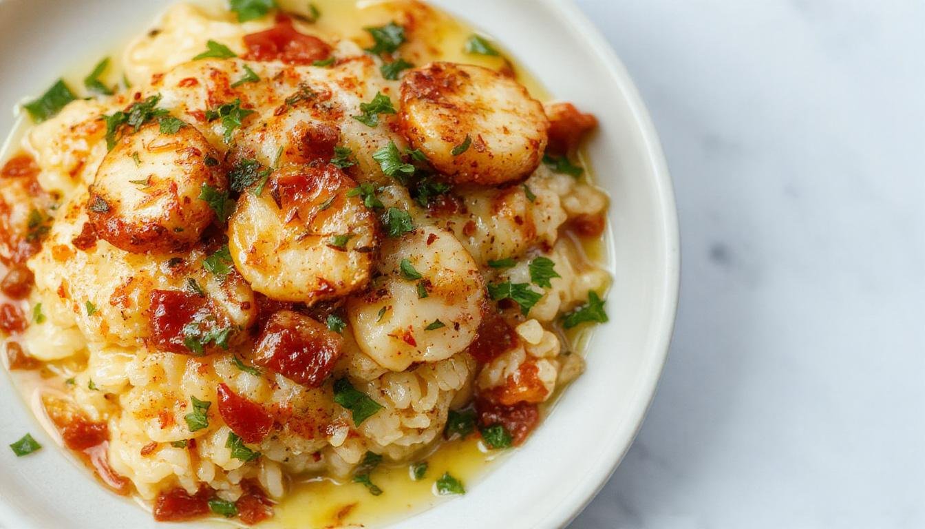 Prato de arroz de bacalhau com Delícias do Mar servido em uma travessa branca, com peixes delicados, arroz amarelo dourado, decorado com ervas frescas.