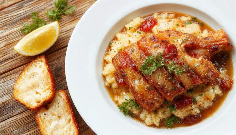 Prato de arroz de pato à portuguesa servido em um prato raso, com pedaços de pato dourados, arroz amarelo vibrante, decorado com folhas de salsa, aparência apetitosa e bem apresentado, em um fundo de mesa de madeira clara.