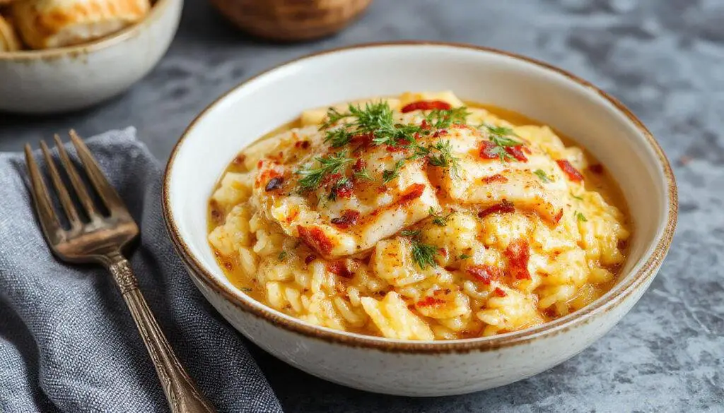 Prato de arroz de pato à portuguesa, com tonalidades douradas e marrom, servido em um prato salpicado com salsa fresca, incluindo pedaços de pato desfiado e arroz bem cozido, decorado com fatias de laranja ao lado, visual rústico e apetitosa textura mostrada em uma mesa de madeira.
