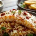 Prato de arroz de pescada malandrinho servido em uma tigela branca, com pedaços de peixe, arroz cremoso de cor dourada, decorado com salsa fresca, ao lado de fatias de pão e um copo de vinho branco.