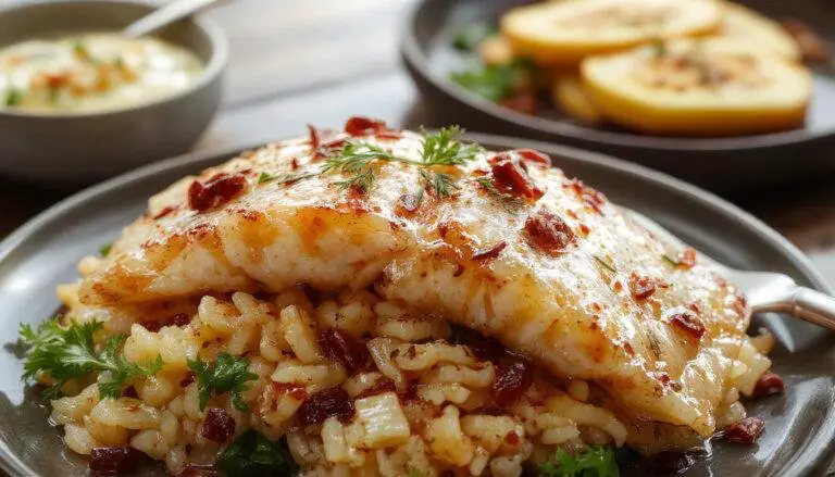 Prato de arroz de pescada malandrinho servido em uma tigela branca, com pedaços de peixe, arroz cremoso de cor dourada, decorado com salsa fresca, ao lado de fatias de pão e um copo de vinho branco.
