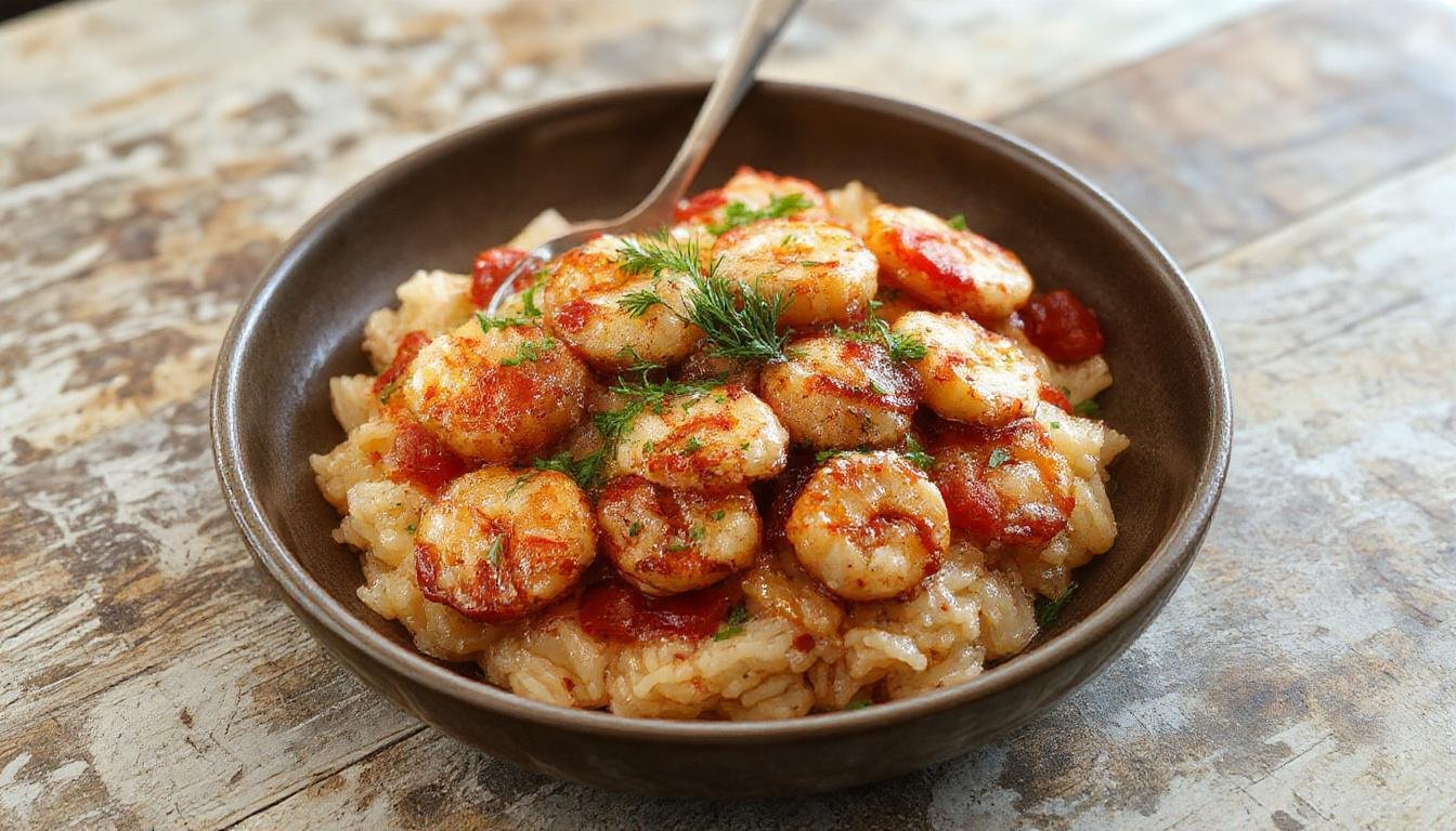 Prato de arroz de tamboril com gambas apresentado em um prato branco, com camarões vermelhos ao lado de pedaços de tamboril suculentos, decorado com salsa fresca, cores vibrantes de vermelho, rosa, e verde, textura macia do arroz contrastando com a crocância dos camarões.