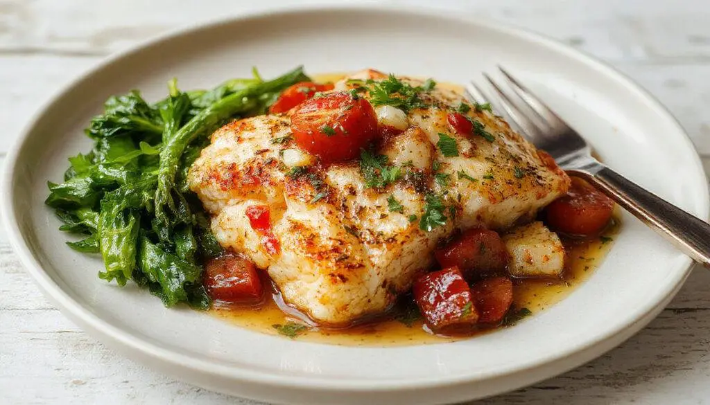 Prato de bacalhau guisado servido em uma tigela rústica, com pedaços de bacalhau dourados, grão-de-bico cremoso, rodelas de chouriço vermelho intenso e um molho avermelhado. Ao fundo, pão rústico e vegetais frescos complementam a apresentação, criando uma atmosfera acolhedora e tradicional.