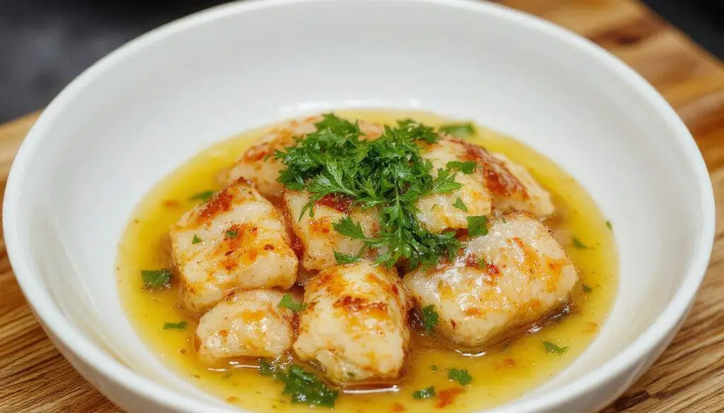 Prato de bacalhau à brás servido em um prato raso, com fios de bacalhau, batata palha dourada, ovos mexidos e decorado com salsinha fresca. A apresentação destaca cores vibrantes de dourado e branco, com uma textura crocante visível na batata palha.
