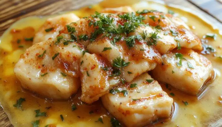 Imagem de um prato de bacalhau à moda de Chaves, apresentado em um prato raso de louça branca, com pedaços de bacalhau dourados, cobertos com presunto, ao lado de batata palha crocante, colorido e visualmente apetitoso, decorado com salsa fresca.