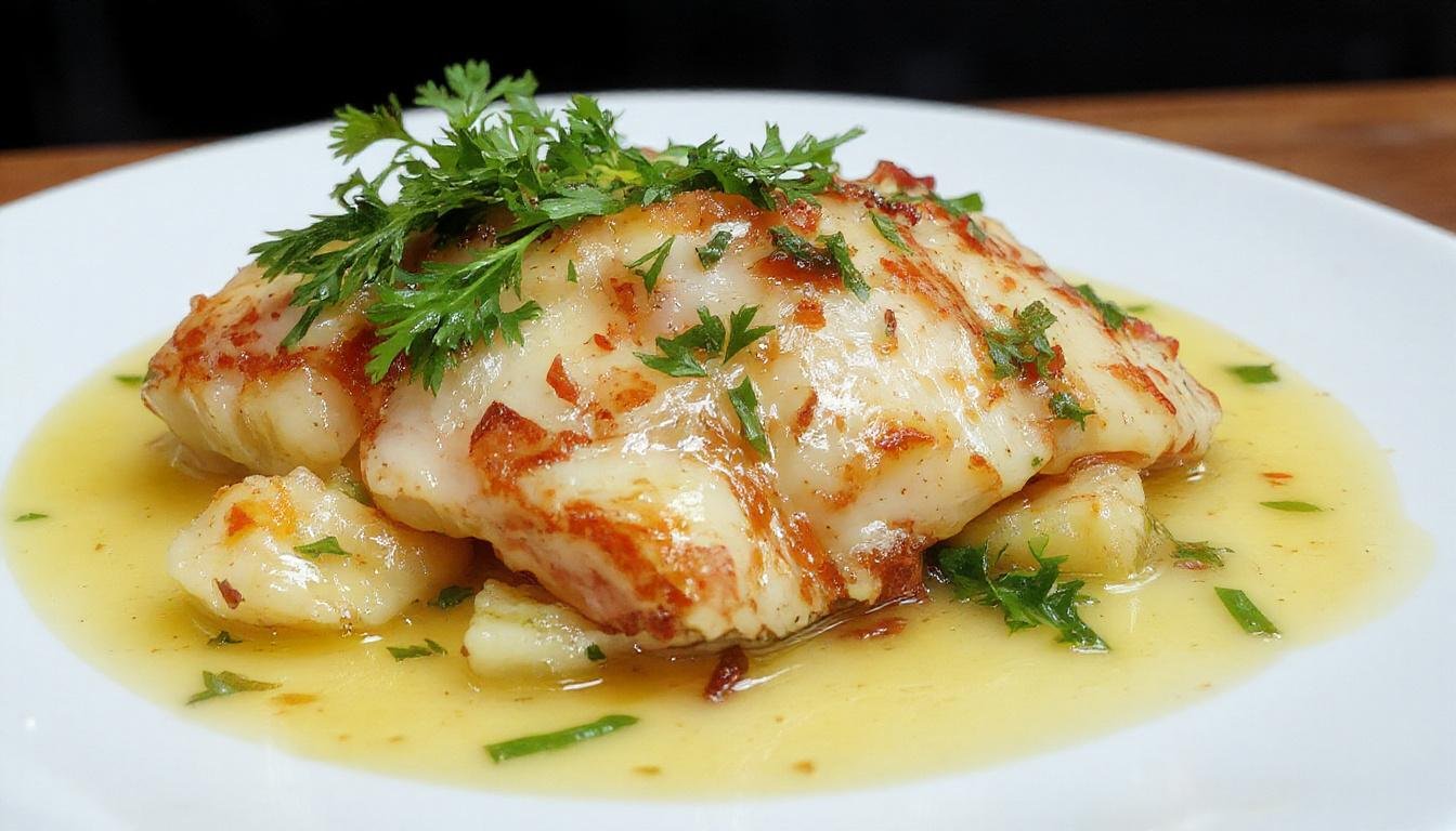 Prato de bacalhau gratinado com batata palha dourada por cima, servido em uma travessa branca, com textura cremosa visível ao redor, decorado com salsa fresca. A imagem captura o brilho do queijo derretido e a crocância da batata palha, apresentando um prato apetitoso e bem apresentado.