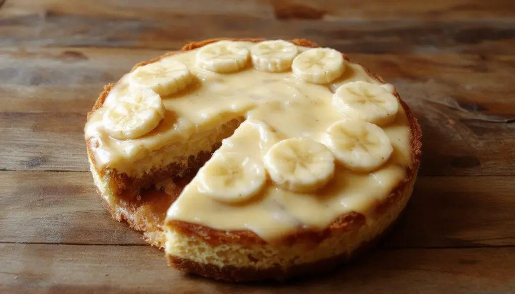 Uma fatia de torta de banoffee com banana fatiada, cobertura de chantilly e calda de caramelo dourada, apresentando uma crosta crocante e camada cremosa, servida em um prato branco com detalhes dourados, destacando a textura sedosa e o visual convidativo da sobremesa