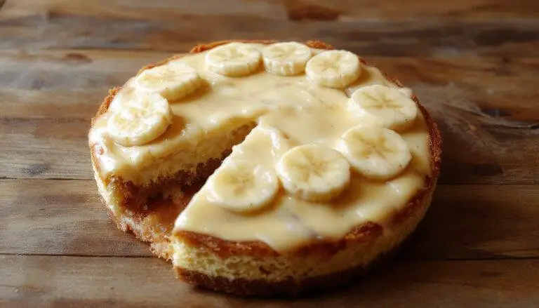 Uma fatia de torta de banoffee com banana fatiada, cobertura de chantilly e calda de caramelo dourada, apresentando uma crosta crocante e camada cremosa, servida em um prato branco com detalhes dourados, destacando a textura sedosa e o visual convidativo da sobremesa