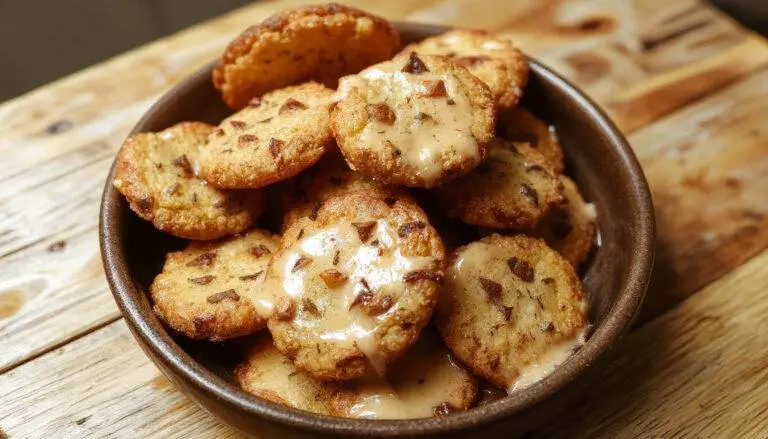 Uma bandeja de biscoitinhos amanteigados dourados, com superfície levemente enrugada e aparência delicada, dispostos de forma ordenada sobre um prato branco, criando uma apresentação apetitosamente convidativa. A luz natural ressalta a textura macia e o brilho sutil na superfície dos biscoitos, enquanto um fundo desfocado de café da manhã casual complementa a cena.