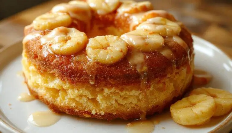 Imagem de um bolo de ananás dourado, com fatias visíveis, cobertura de caramelo e pedaços de ananás decorativos em um prato reto, com acabamento elegante e aparência suculenta