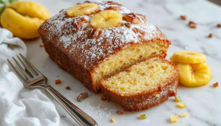 Imagem de um bolo de ananás invertido, com uma crosta dourada e caramelizada na superfície, decorado com fatias de ananás visíveis na parte superior, apresentado sobre um prato branco com toque rústico, porções cortadas revelando a textura macia e húmida do bolo, iluminação suave que destaca o brilho do caramelo e as camadas internas.