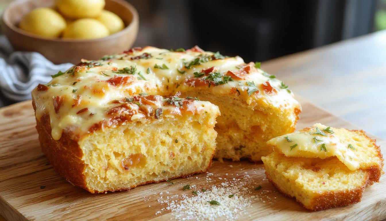 Um bolo de aveia dourado com pedaços visíveis de maçã e cenoura, decorado com fatias finas de maçã e cenoura, sobre uma tábua de madeira, com uma fatia cortada ao lado mostrando sua textura úmida e fofa, iluminação natural destacando sua aparência saudável e apetitosamente rústica.