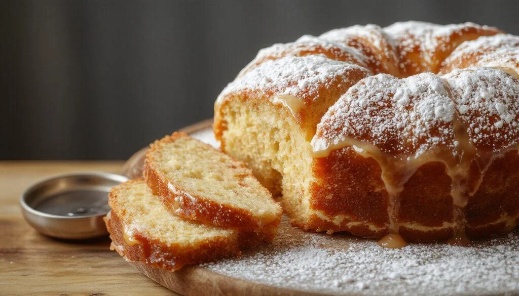 Imagem de um bolo de bolacha da vovó sem forno, apresentado em uma bandeja retangular. Camadas de bolachas maria embebidas em creme de leite, intercaladas com camadas de creme branco e polvilhadas com cacau em pó por cima. A decoração inclui raspas de chocolate ao redor e ao centro, criando uma aparência caseira e convidativa, com textura cremosa visível e bolachas suavemente embebidas, tudo sobre uma toalha de mesa de tecido claro.