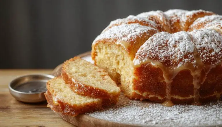 Imagem de um bolo de bolacha da vovó sem forno, apresentado em uma bandeja retangular. Camadas de bolachas maria embebidas em creme de leite, intercaladas com camadas de creme branco e polvilhadas com cacau em pó por cima. A decoração inclui raspas de chocolate ao redor e ao centro, criando uma aparência caseira e convidativa, com textura cremosa visível e bolachas suavemente embebidas, tudo sobre uma toalha de mesa de tecido claro.