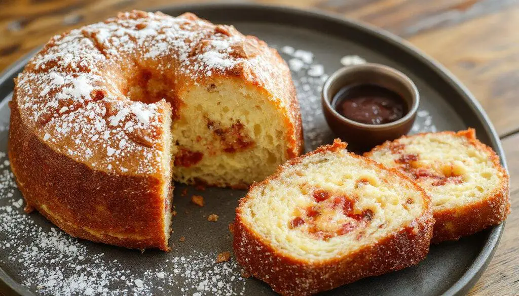Imagem de um bolo de cenoura com abacaxi decorado com raspas de cenoura e pedaços de abacaxi fresco, apresentado em um prato branco com uma fatia cortada, exibindo a textura fofa e úmida do bolo, com uma fatia ao lado. Fundo rústico com detalhes de folhas verdes e uma xícara de chá ao lado.