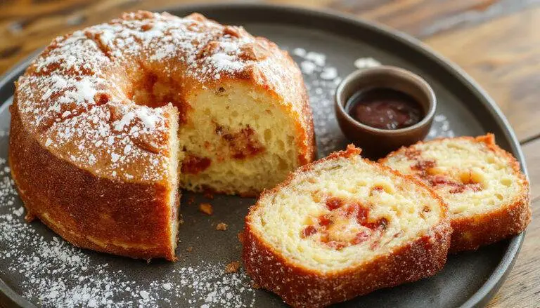 Imagem de um bolo de cenoura com abacaxi decorado com raspas de cenoura e pedaços de abacaxi fresco, apresentado em um prato branco com uma fatia cortada, exibindo a textura fofa e úmida do bolo, com uma fatia ao lado. Fundo rústico com detalhes de folhas verdes e uma xícara de chá ao lado.