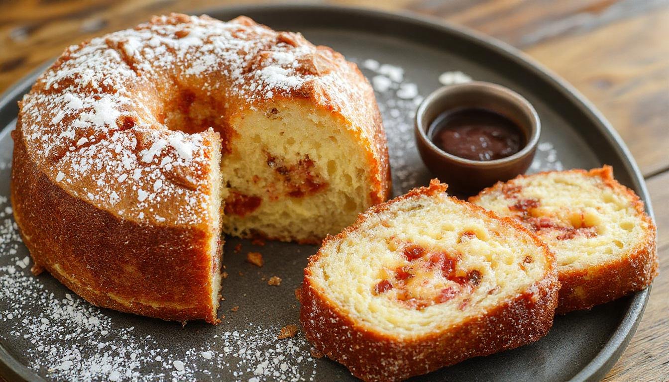 Imagem de um bolo de cenoura com abacaxi decorado com raspas de cenoura e pedaços de abacaxi fresco, apresentado em um prato branco com uma fatia cortada, exibindo a textura fofa e úmida do bolo, com uma fatia ao lado. Fundo rústico com detalhes de folhas verdes e uma xícara de chá ao lado.