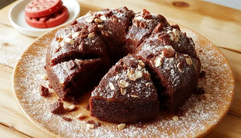 Bolo de chocolate com cobertura brilhante de ganache, decorado com morangos frescos e folhas de hortelã, apresentado em um prato branco sobre uma mesa de madeira rústica, com uma fatia já servida ao lado mostrando a textura úmida do bolo e o recheio de morango visível.