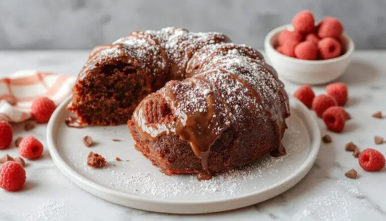 Um bolo de chocolate de liquidificador sobressaindo numa travessa branca, com uma crosta dourada e macia, decorado com raspas de chocolate e uma cobertura brilhante. Ao fundo, uma fatia do bolo revela uma textura fofinha e úmida, com camadas bem definidas e irresistíveis.