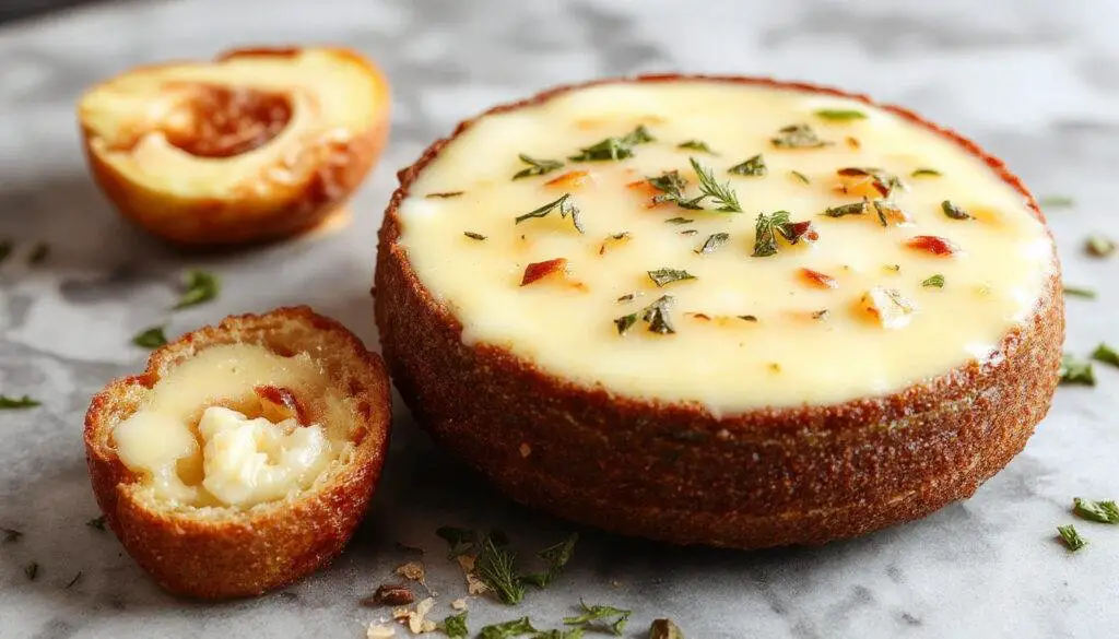 Bolo de iogurte grego com mel em um prato branco, decorado com um fio de mel e fatias ao redor, apresentando uma textura macia e leve, com uma crosta dourada e detalhes de iogurte visíveis.