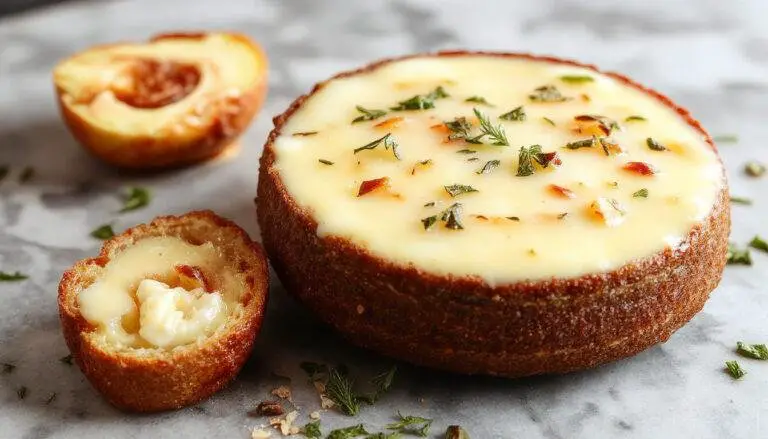 Bolo de iogurte grego com mel em um prato branco, decorado com um fio de mel e fatias ao redor, apresentando uma textura macia e leve, com uma crosta dourada e detalhes de iogurte visíveis.