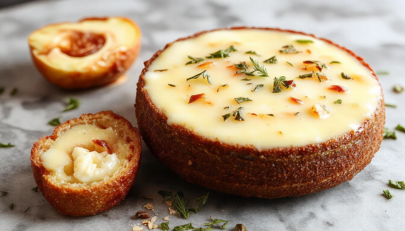 Bolo de iogurte grego com mel em um prato branco, decorado com um fio de mel e fatias ao redor, apresentando uma textura macia e leve, com uma crosta dourada e detalhes de iogurte visíveis.