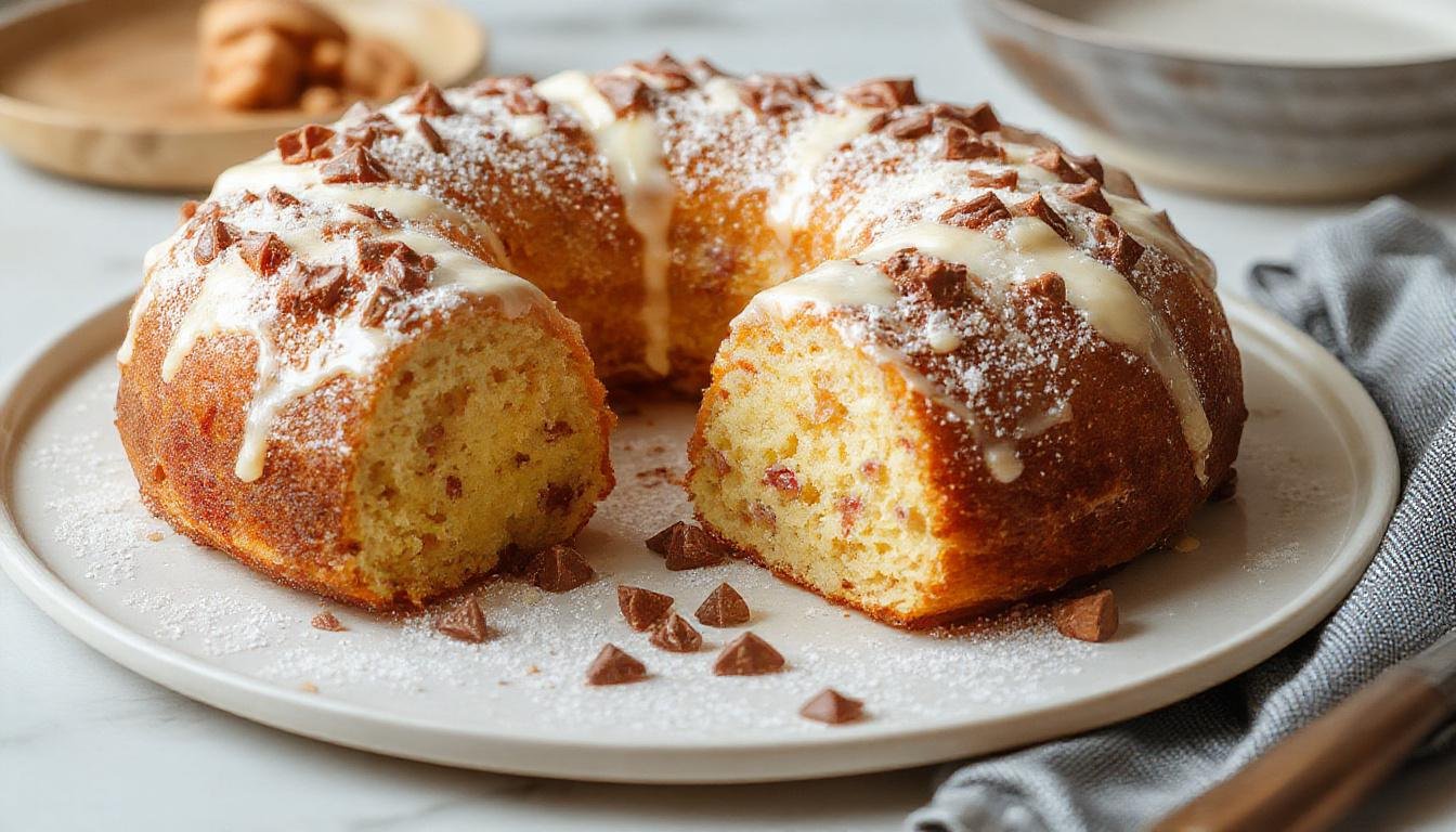 Bolo de maçã cremoso dourado com uma fatia cortada mostrando uma textura macia e úmida, decorado com fatias finas de maçã no topo, em uma travessa branca sobre uma mesa de madeira clara