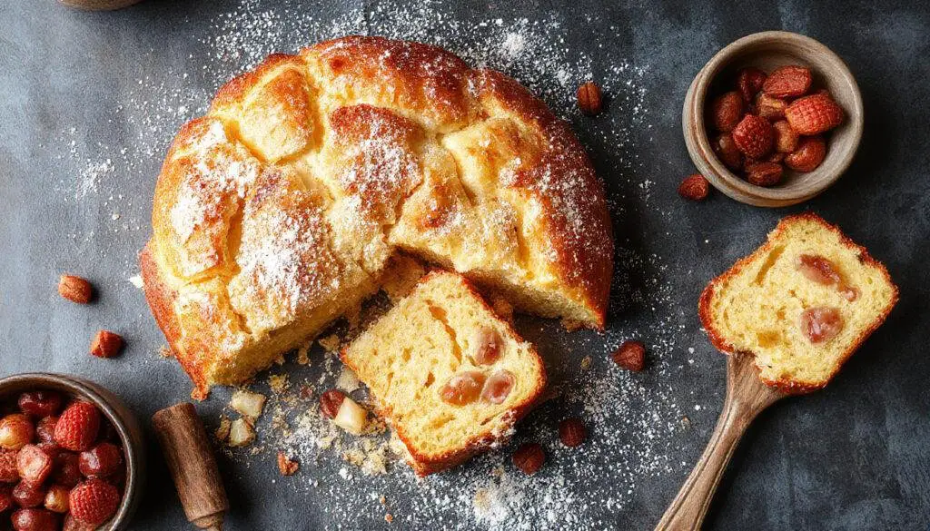Bolo de maçã e nozes com uma crosta crocante dourada na parte superior, cortado para revelar camadas internas úmidas e macias de maçã e nozes, servido sobre um prato branco com acabamento delicado, iluminação suave destacando as texturas e cores quentes do bolo.