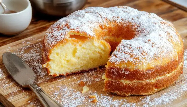Imagem de um bolo de milho cremoso com uma textura de pudim, apresentado em um prato branco raso. O topo do bolo é dourado, com uma camada lisa e sedosa, e alguns pontinhos de milho visíveis. A fatia foi cortada, revelando uma textura macia e úmida, com camadas suaves e brilhantes. Ao fundo, um copo de leite e alguns grãos de milho decoram a cena, em uma mesa de madeira clara com iluminação natural suave.