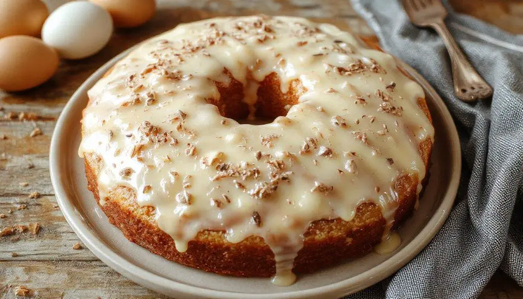 Bolo de noz com cobertura de doce de ovos, fatiado em camadas, com uma camada generosa de cobertura dourada por cima, decorado com nozes picadas e um toque de açúcar de confeiteiro, tudo disposto em um prato branco elegante, com uma aparência deliciosa e convidativa.