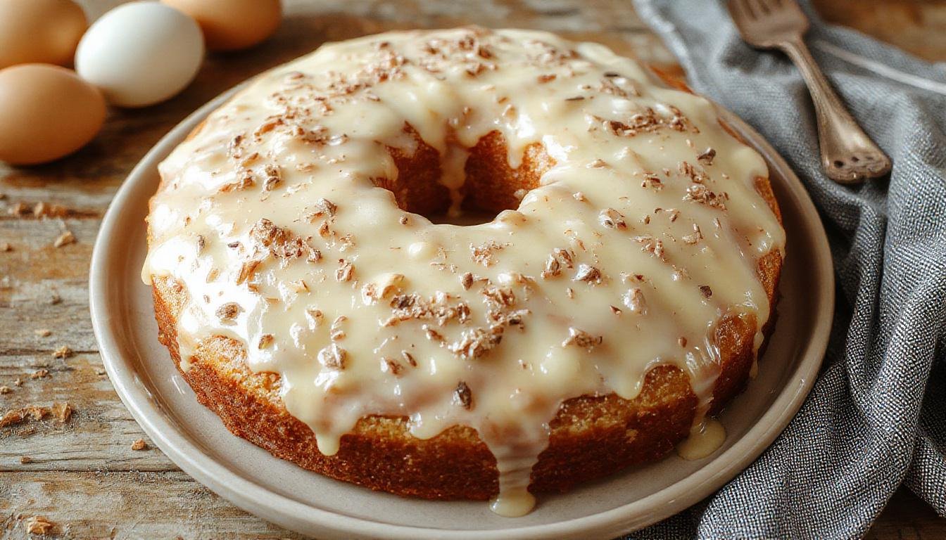 Bolo de noz com cobertura de doce de ovos, fatiado em camadas, com uma camada generosa de cobertura dourada por cima, decorado com nozes picadas e um toque de açúcar de confeiteiro, tudo disposto em um prato branco elegante, com uma aparência deliciosa e convidativa.