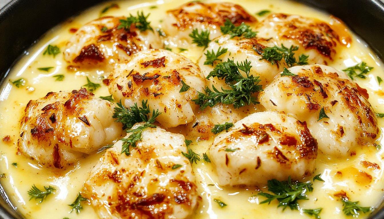 Prato de brandade de bacalhau em uma travessa de barro, apresentando uma textura cremosa e brilhante, com parte do purê dourado por cima, decorado com raminhos de salsa fresca, servido ao lado de fatias de pão tostado e uma colher de servir ao lado.