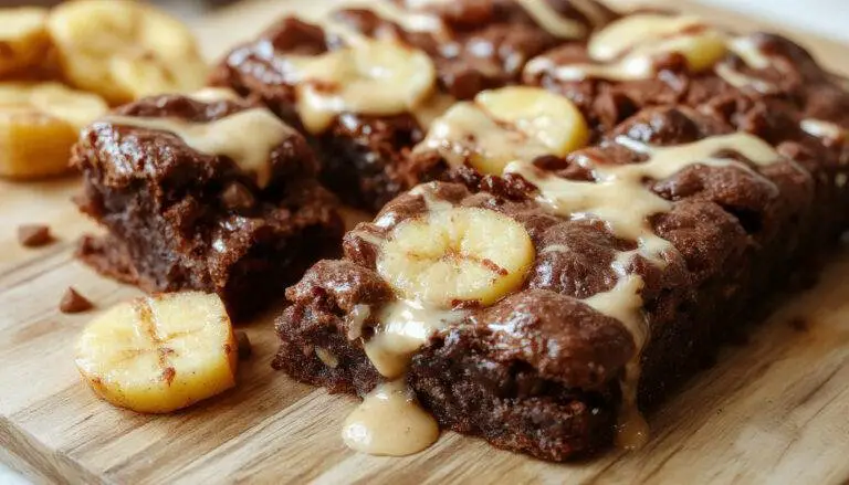 Foto de um brownie de batata doce alinhado numa tigela de cerâmica branca, com uma fatia parcialmente cortada ao lado, mostrando uma textura úmida e densa, com uma cor marrom dourada, decorado com pequenas sementes de chia por cima, apresentado sobre uma mesa de madeira clara, iluminação suave que destaca a aparência saudável e apetitosamente caseira.