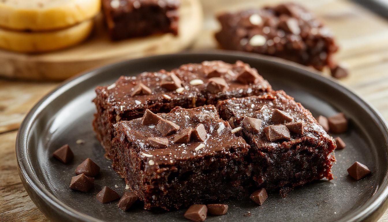 Imagem de um brownie de chocolate perfeito e molhadinho, com superfície levemente crocante e interior úmido, disposto sobre um prato branco decorado com pedaços de chocolate e uma xícara de leite ao lado, tudo sobre uma toalha de mesa rústica com iluminação suave e atmosfera acolhedora.