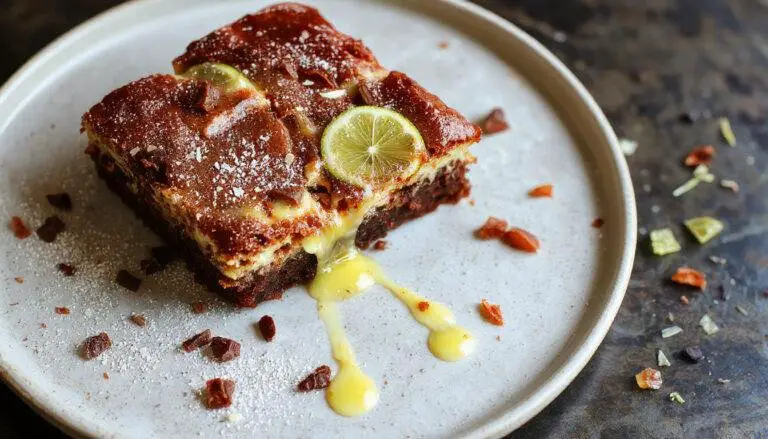 Uma fatia de brownie de limão, com cobertura dourada e brilho suave, decorada com raspas de limão e uma folhinha verde, apresentada em um prato branco sobre uma toalha de tecido claro, iluminada suavemente que destaca sua textura macia e pontos de aspereza na superfície