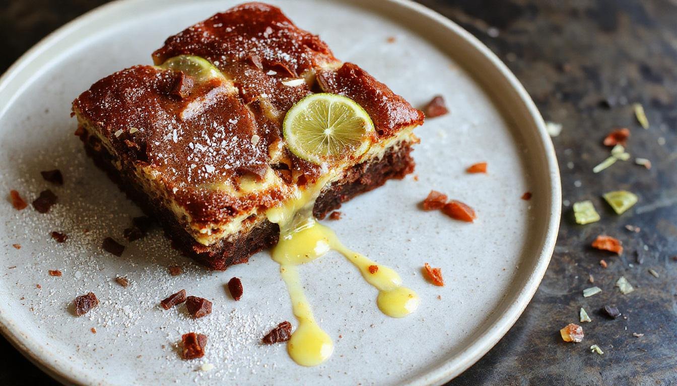 Uma fatia de brownie de limão, com cobertura dourada e brilho suave, decorada com raspas de limão e uma folhinha verde, apresentada em um prato branco sobre uma toalha de tecido claro, iluminada suavemente que destaca sua textura macia e pontos de aspereza na superfície