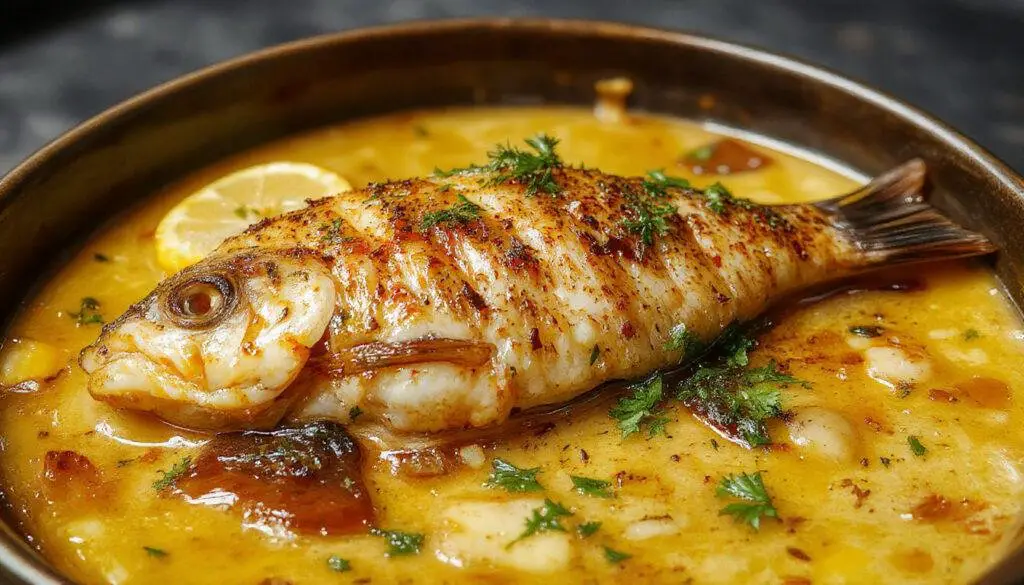 Prato de caldeirada de peixe portuguesa servido em uma panela de barro, com pedaços de peixe branco, camarões, batatas e pimentões coloridos, tudo cozido em um caldo avermelhado e aromático. A apresentação é rústica, destacando-se os ingredientes frescos e o calor da comida tradicional, com uma textura suculenta e vibrante.