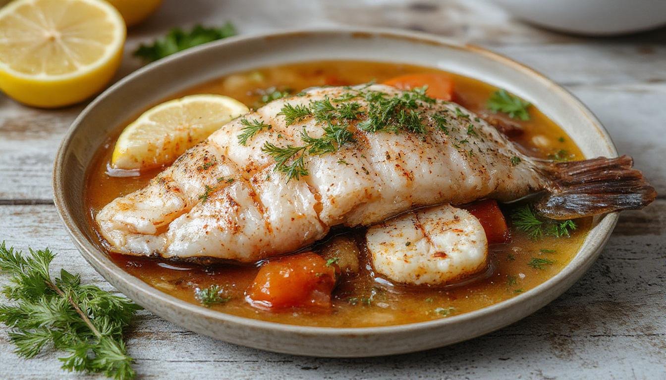 Prato rústico de caldeirada de peixe em uma panela grande, com pedaços de peixe dourados, tomates vermelhos, pimentões verdes, cebolas e batatas, tudo apresentado de forma apetitosa com molho leve e colorido, decorado com salsa fresca