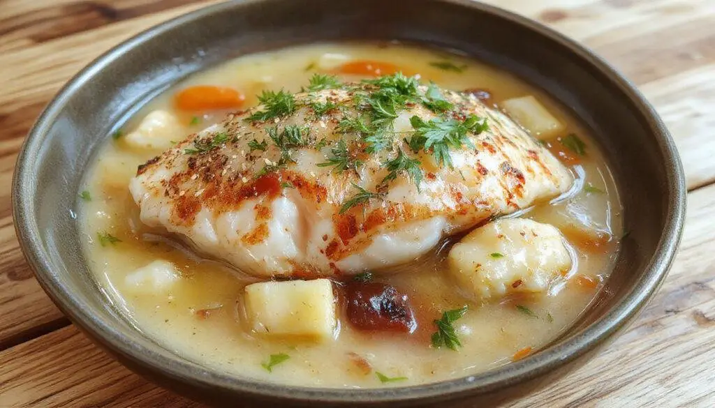 Prato de caldeirada de peixe servido em uma panela rasa, com peixe dourado, batatas, pimentões verdes e vermelhos, tomate, e cebola, tudo em molho espesso e colorido, decorado com salsa fresca.