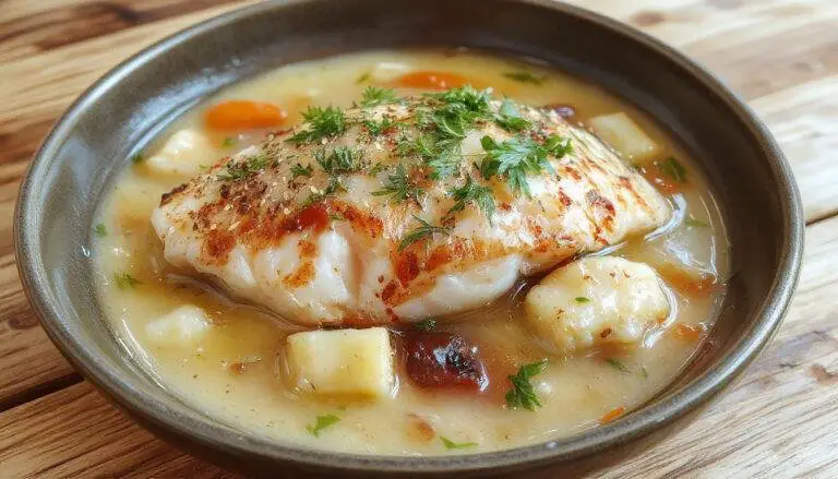 Prato de caldeirada de peixe servido em uma panela rasa, com peixe dourado, batatas, pimentões verdes e vermelhos, tomate, e cebola, tudo em molho espesso e colorido, decorado com salsa fresca.