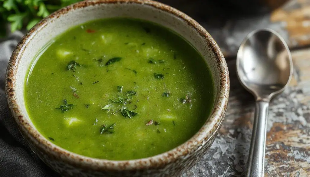 Tigela de caldo verde tradicional portuguesa, com couve verde escura finamente cortada, rodelas de chouriço vermelho, e uma textura cremosa visível, apresentada em uma bancada de madeira, com pão ao lado e uma colher ao fundo, iluminação natural destacando a riqueza da sopa.