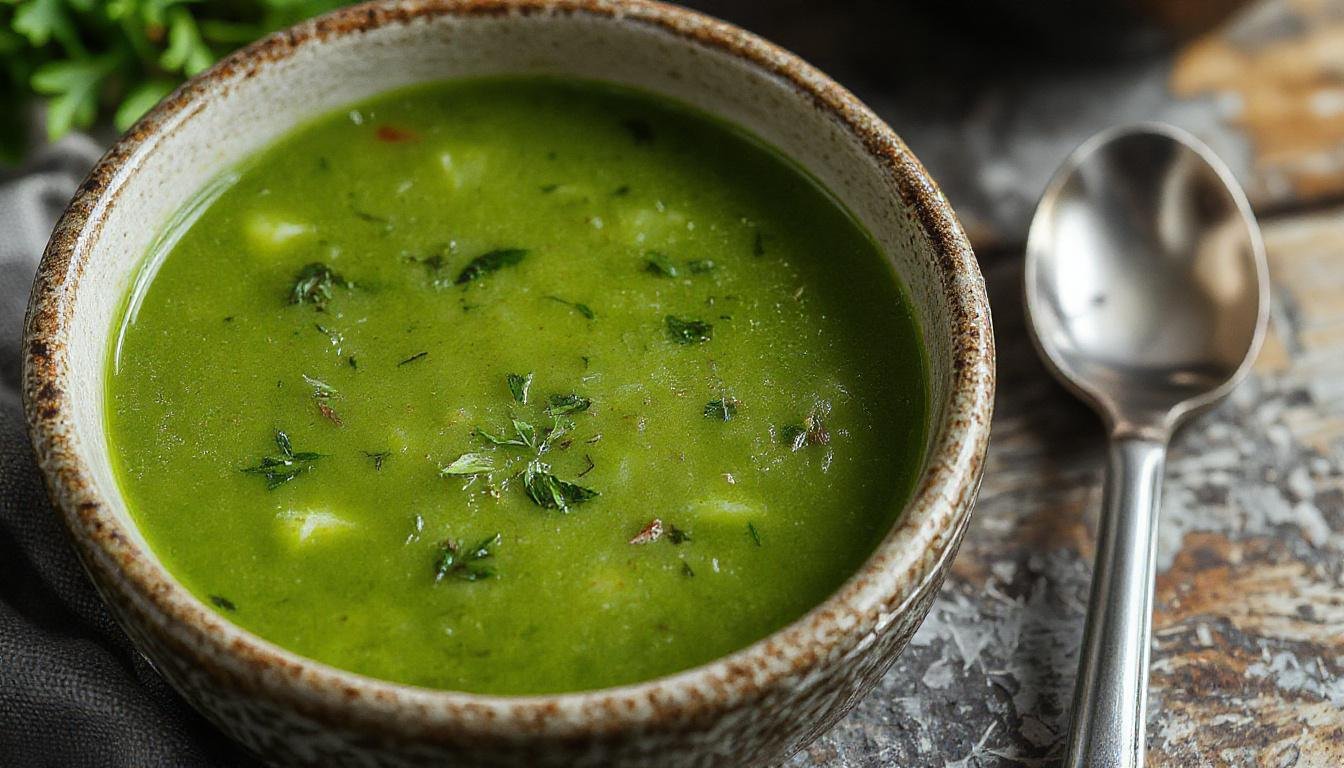 Tigela de caldo verde tradicional portuguesa, com couve verde escura finamente cortada, rodelas de chouriço vermelho, e uma textura cremosa visível, apresentada em uma bancada de madeira, com pão ao lado e uma colher ao fundo, iluminação natural destacando a riqueza da sopa.