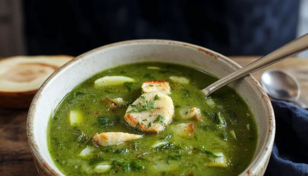 Imagem de uma tigela de caldo verde tradicional, com couve finamente picada sobre uma base de caldo translúcido, fatias de chouriço visíveis ao lado, tudo sobre uma mesa de madeira rústica, com pão ao fundo, estilo acolhedor e caseiro