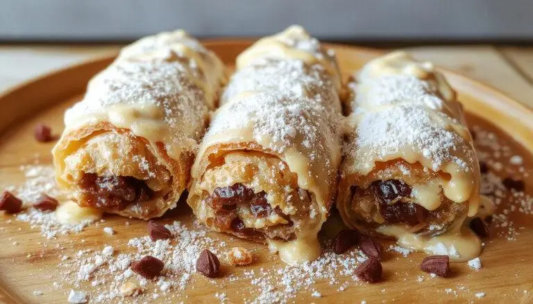 Imagem de um cannoli caseiro decorado com açúcar de confeiteiro e pedaços de chocolate ao leite, disposto em um prato branco sobre uma mesa de madeira, textura crocante da massa visível com recheio cremoso de ricota visível ao corte.