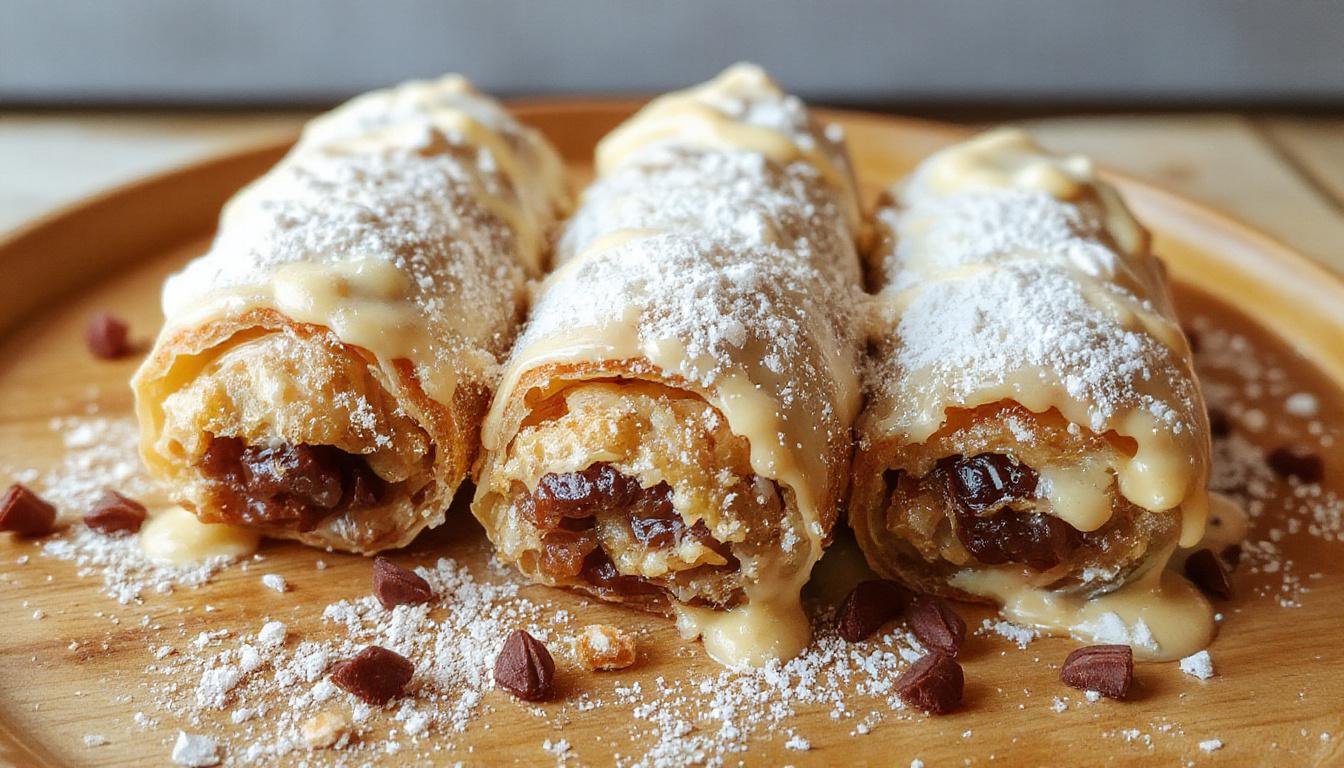Imagem de um cannoli caseiro decorado com açúcar de confeiteiro e pedaços de chocolate ao leite, disposto em um prato branco sobre uma mesa de madeira, textura crocante da massa visível com recheio cremoso de ricota visível ao corte.