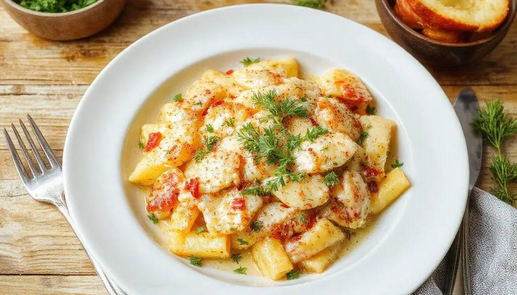 Prato de macarrão carbonara cremosa e deliciosa, servido em um prato branco fundo, com molho espesso dourado, pedaços de bacon crocante e queijo ralado por cima, apresentado de forma elegante sobre uma mesa de madeira clara com utensílios de cozinha ao fundo.